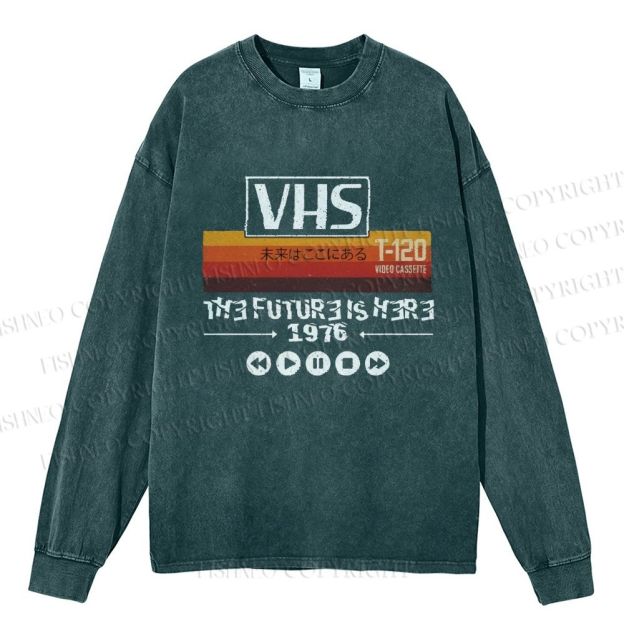 Unisex Casual Washed VHS The Future Is Here Printed Long Sleeve T-shirt