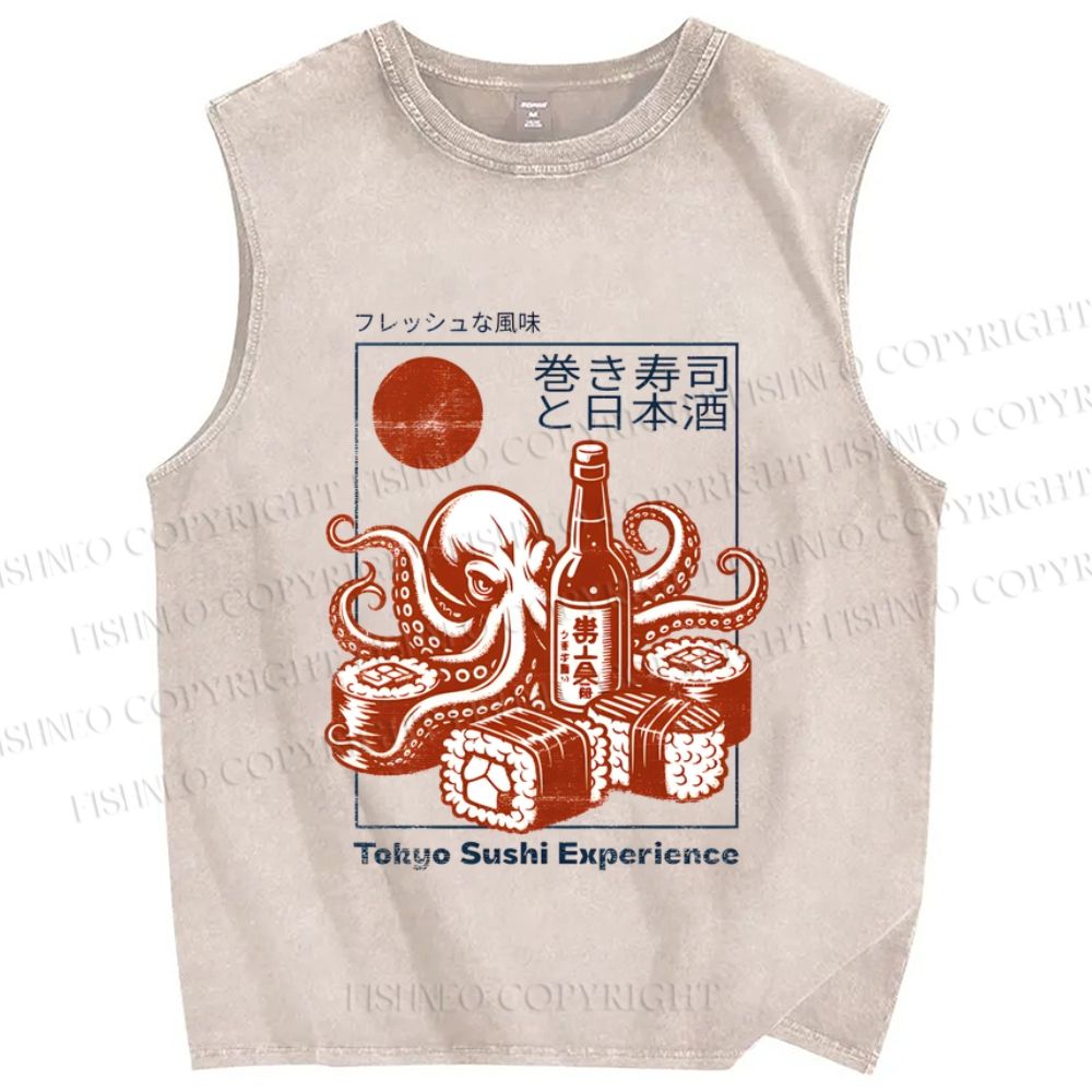 Unisex Sushi Japanese Sake Printed Washed Tank Top