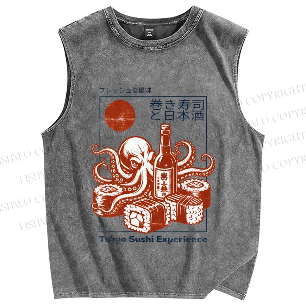 Unisex Sushi Japanese Sake Printed Washed Tank Top
