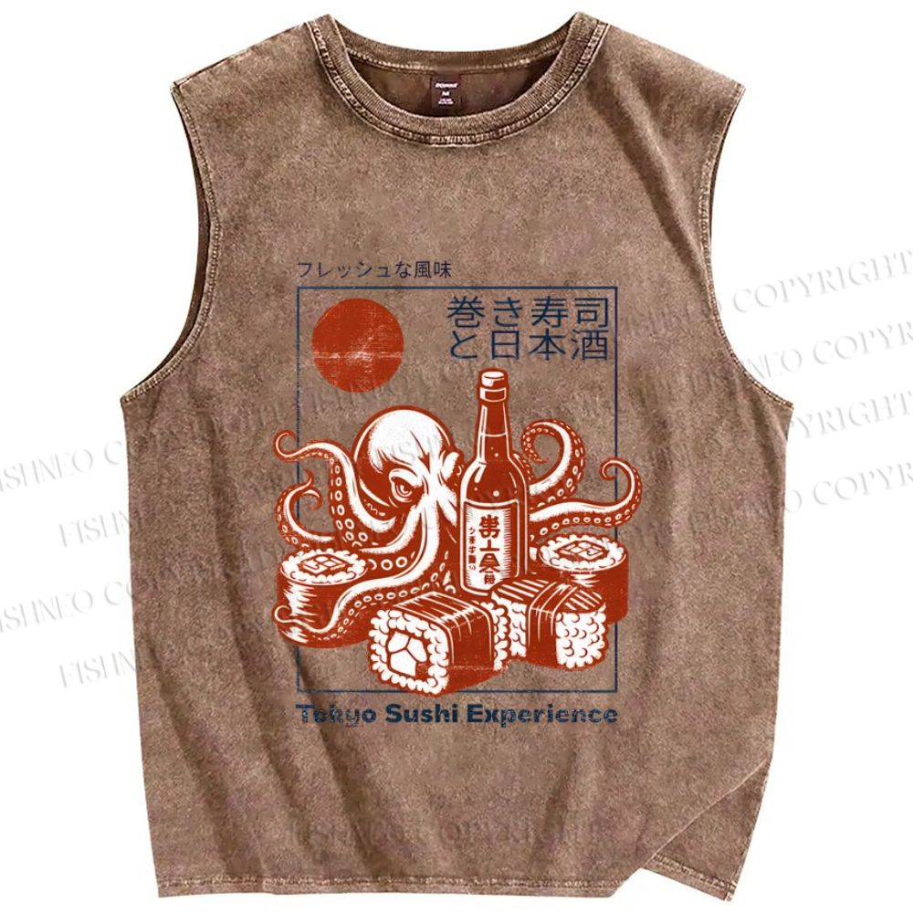 Unisex Sushi Japanese Sake Printed Washed Tank Top