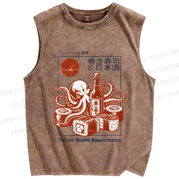 Unisex Sushi Japanese Sake Printed Washed Tank Top
