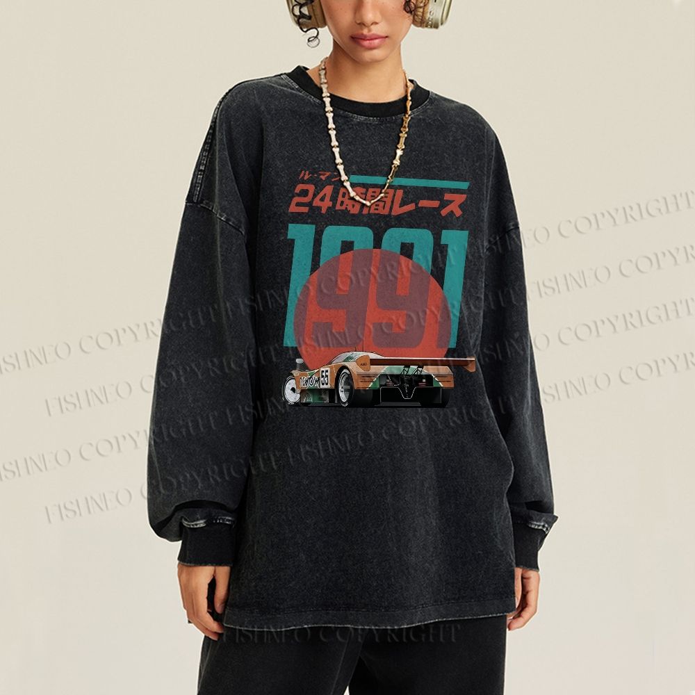 Unisex Casual Washed Time Printed Long Sleeve T-shirt