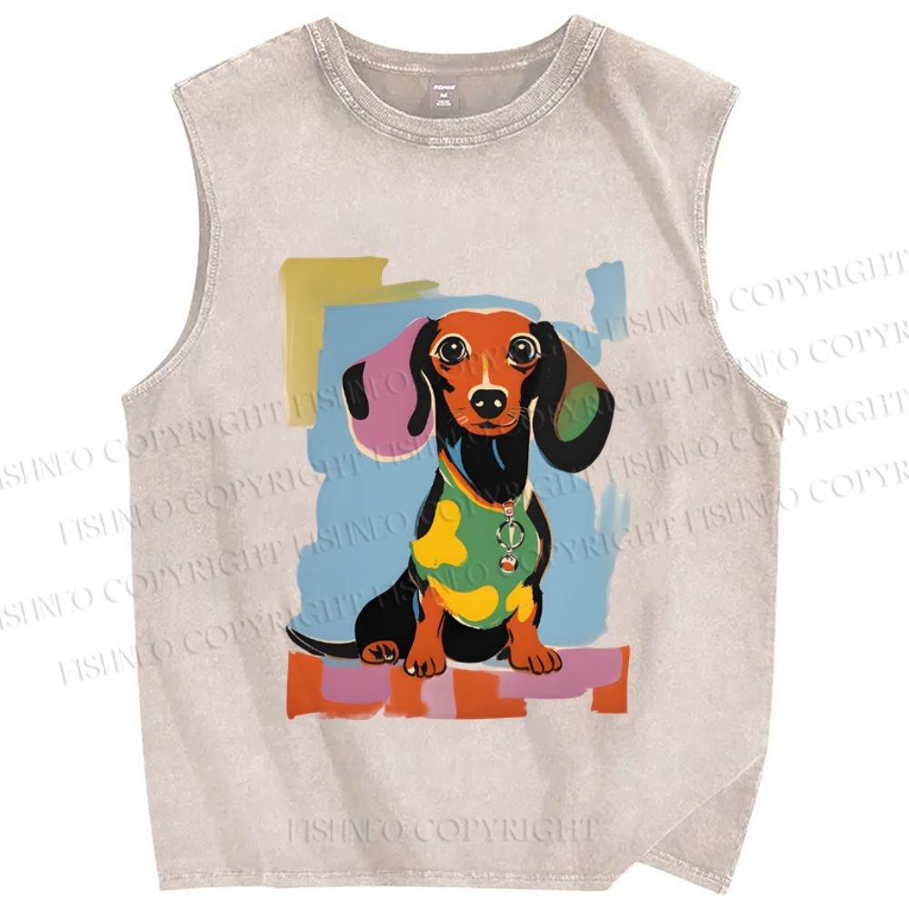 Unisex Dachshund Dog Printed Washed Tank Top