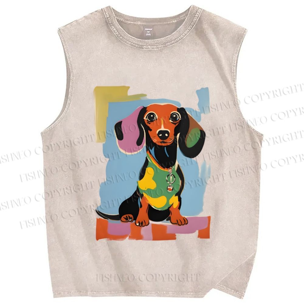 Unisex Dachshund Dog Printed Washed Tank Top