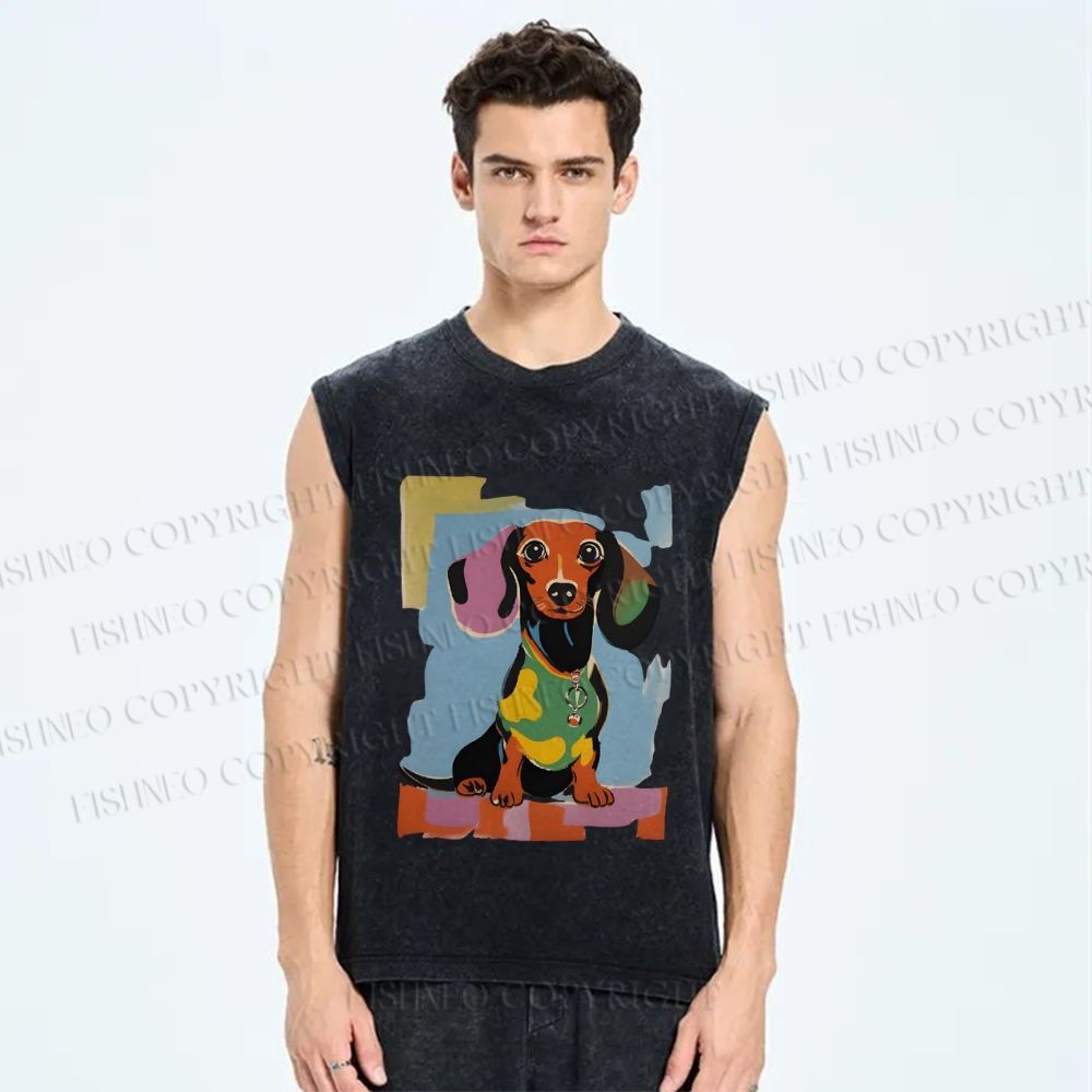 Unisex Dachshund Dog Printed Washed Tank Top