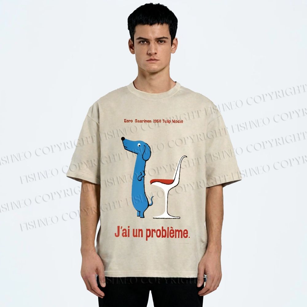 Unisex Dachshund Dog Tulip Chair Printed Washed Tee