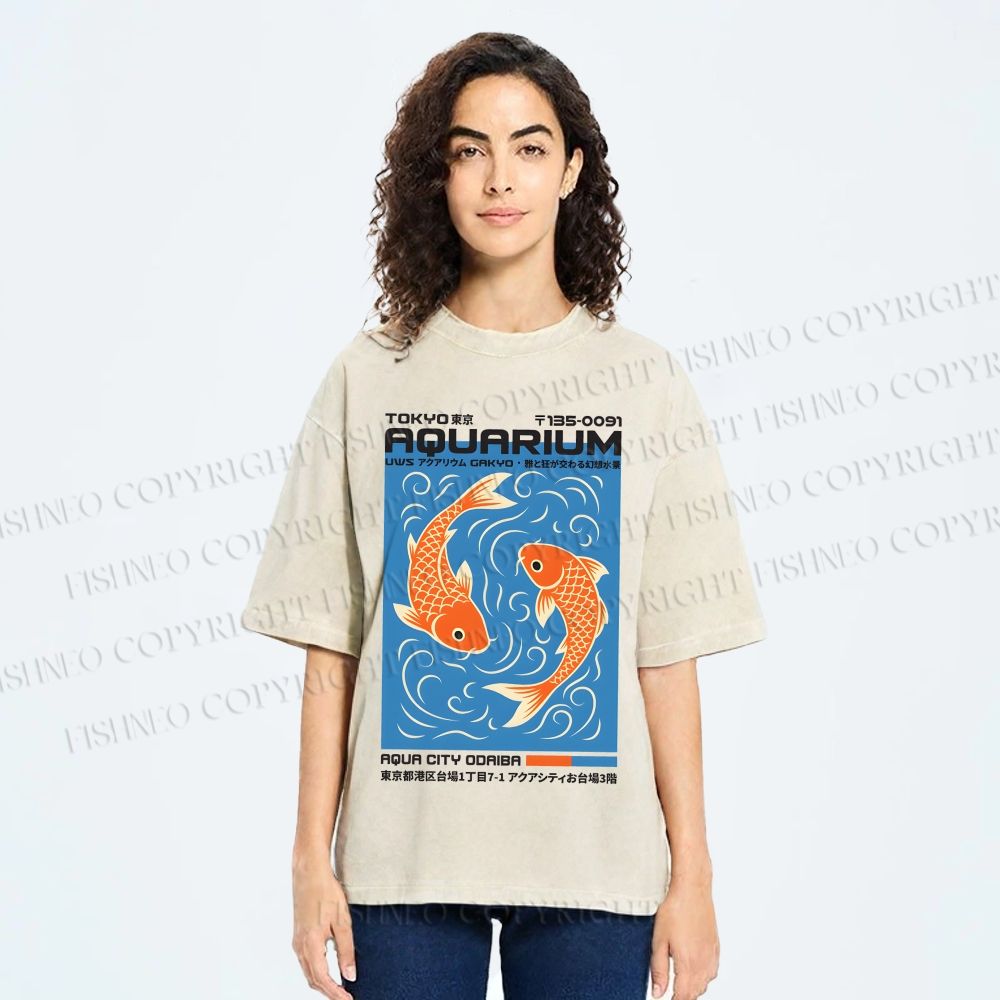 Unisex Tokyo Aquarium Koi Printed Washed Tee