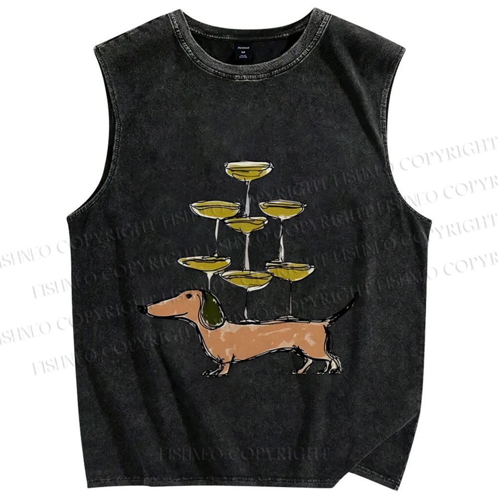 Unisex Funny Dachshund Dogs With Glasses Printed Washed Tank Top