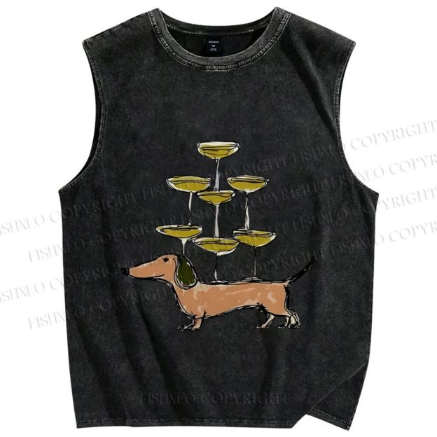 Unisex Funny Dachshund Dogs With Glasses Printed Washed Tank Top