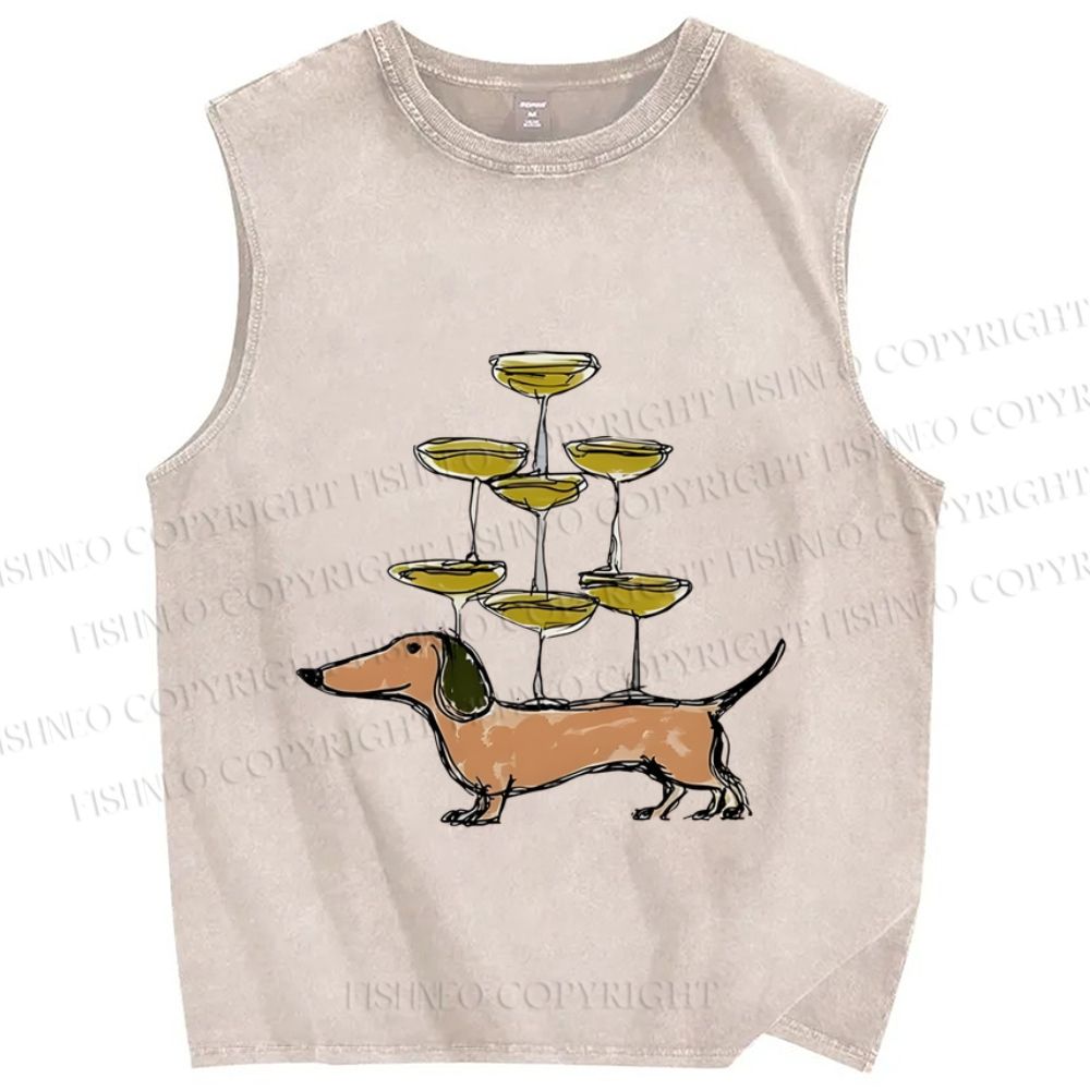 Unisex Funny Dachshund Dogs With Glasses Printed Washed Tank Top