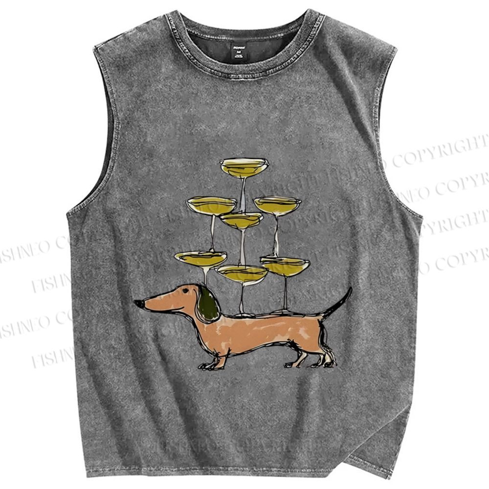 Unisex Funny Dachshund Dogs With Glasses Printed Washed Tank Top