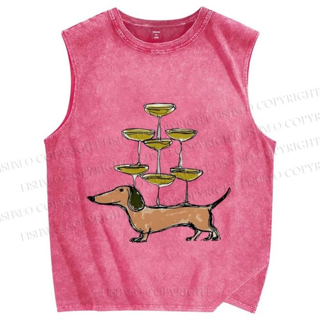 Unisex Funny Dachshund Dogs With Glasses Printed Washed Tank Top
