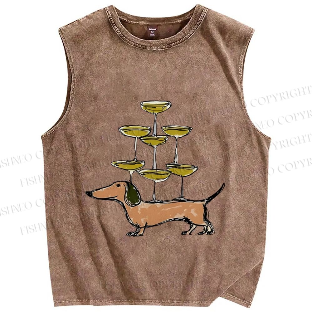 Unisex Funny Dachshund Dogs With Glasses Printed Washed Tank Top