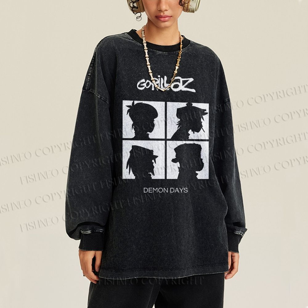 Unisex Casual Washed Gorillaz Demon Days Printed Long Sleeve T-shirt