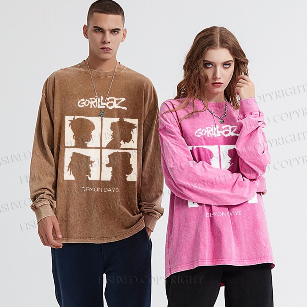 Unisex Casual Washed Gorillaz Demon Days Printed Long Sleeve T-shirt