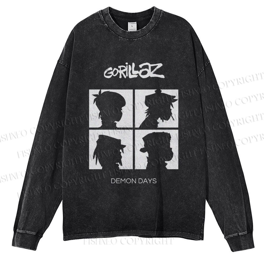 Unisex Casual Washed Gorillaz Demon Days Printed Long Sleeve T-shirt