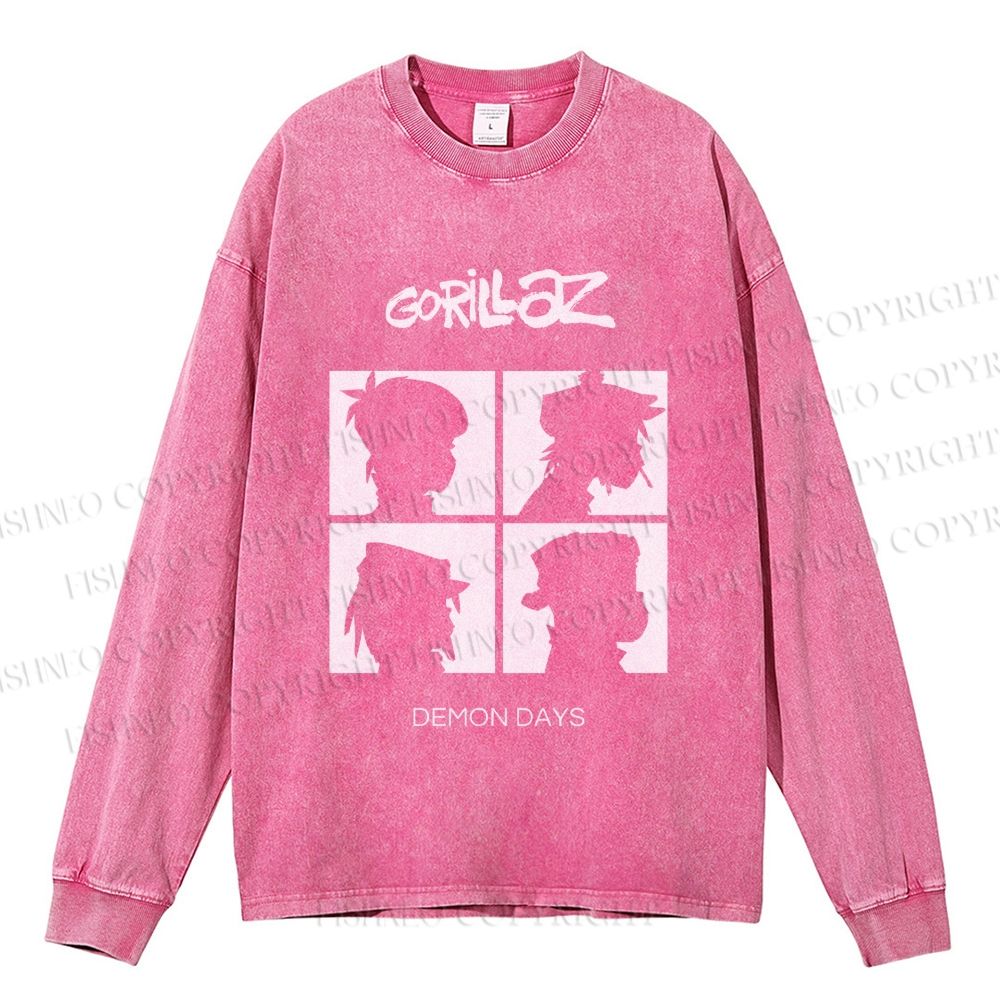 Unisex Casual Washed Gorillaz Demon Days Printed Long Sleeve T-shirt