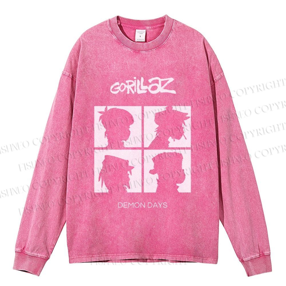 Unisex Casual Washed Gorillaz Demon Days Printed Long Sleeve T-shirt