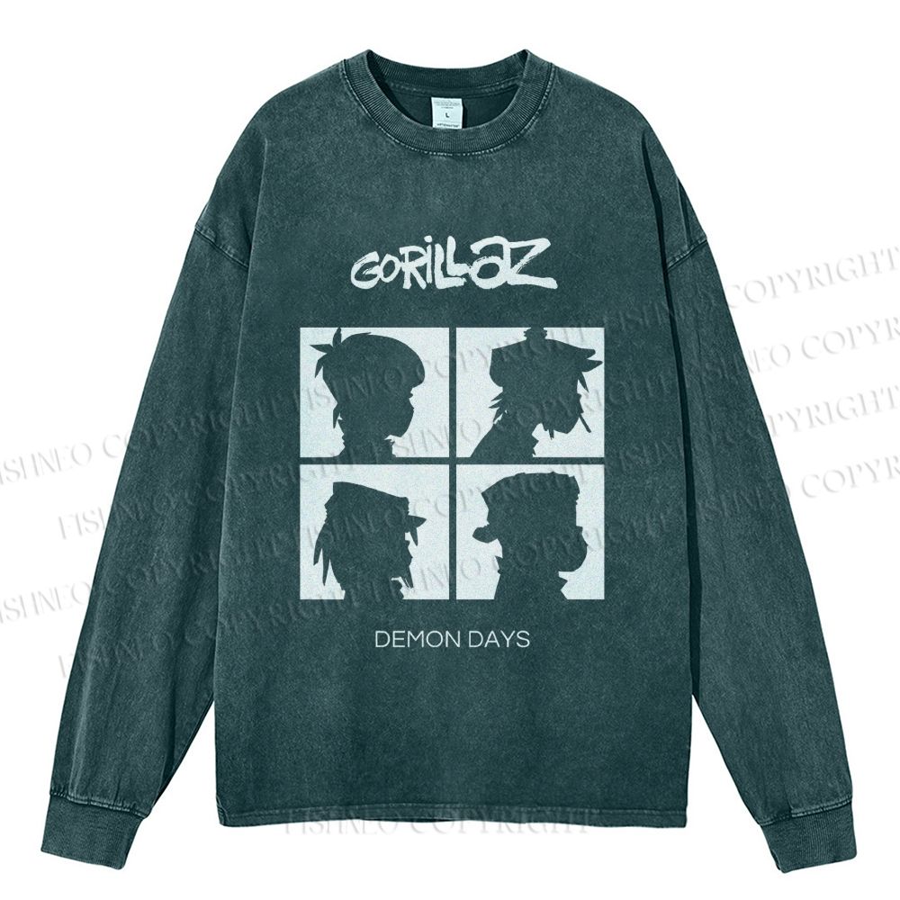 Unisex Casual Washed Gorillaz Demon Days Printed Long Sleeve T-shirt