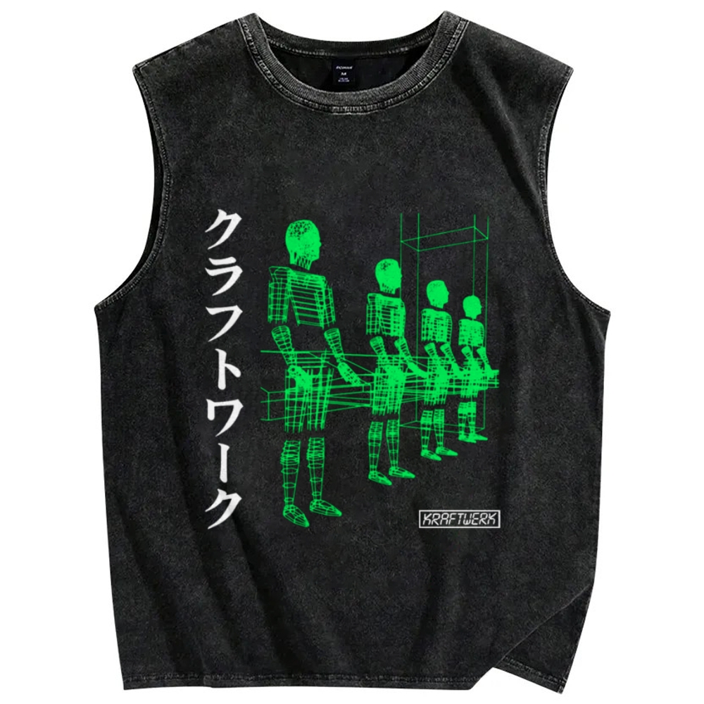 Unisex Kraftwerk Band Japanese Style Printed Washed Tank Top