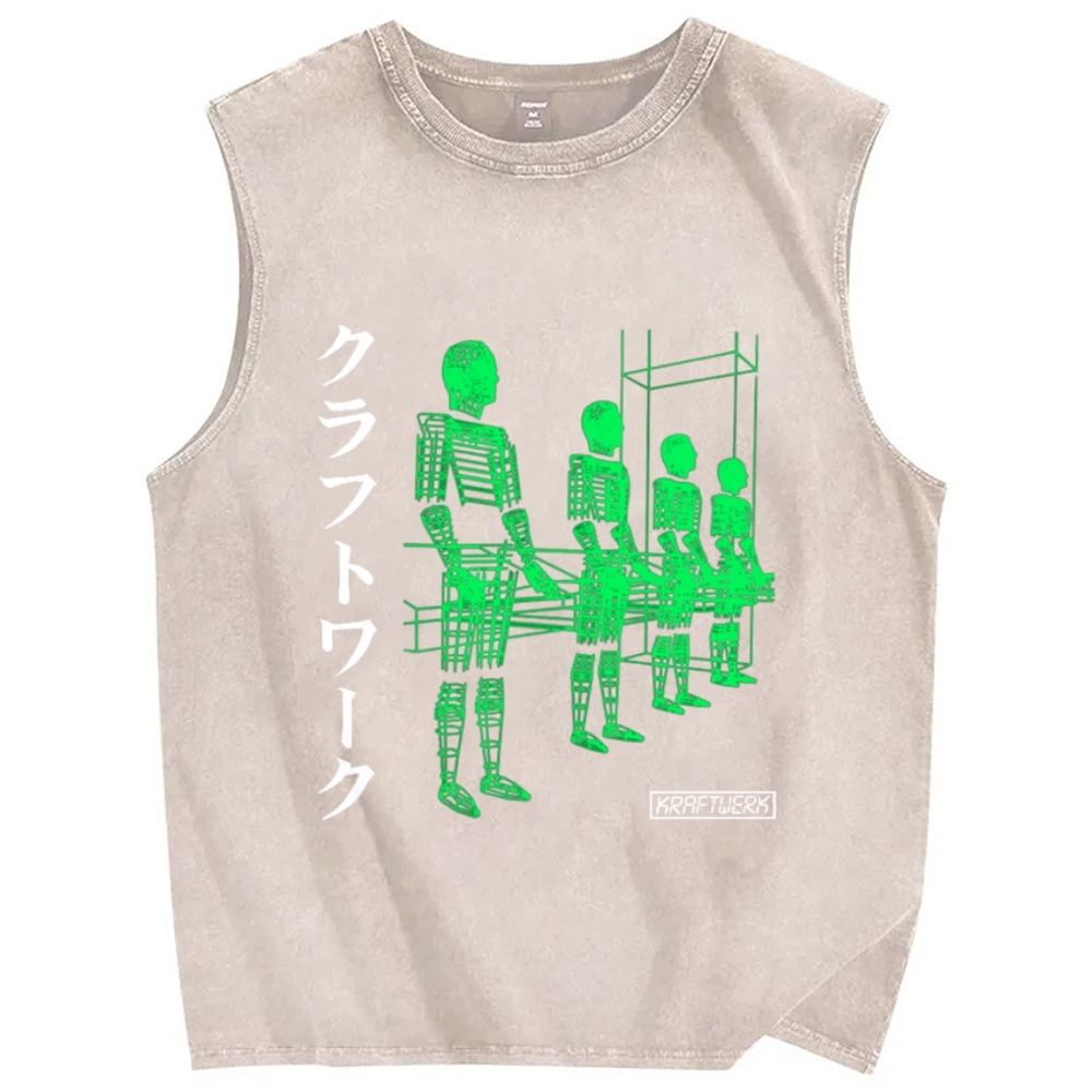 Unisex Kraftwerk Band Japanese Style Printed Washed Tank Top