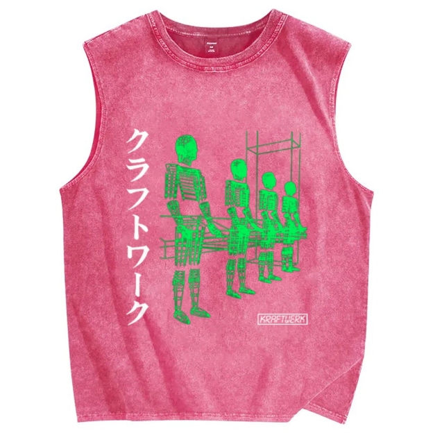 Unisex Kraftwerk Band Japanese Style Printed Washed Tank Top