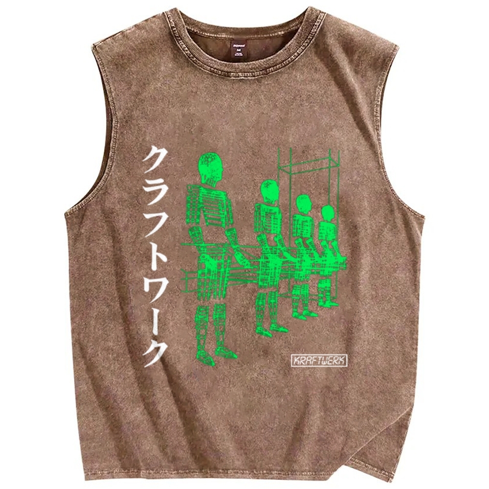Unisex Kraftwerk Band Japanese Style Printed Washed Tank Top