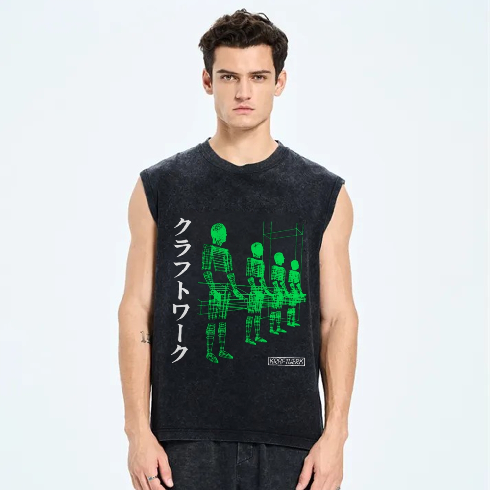 Unisex Kraftwerk Band Japanese Style Printed Washed Tank Top