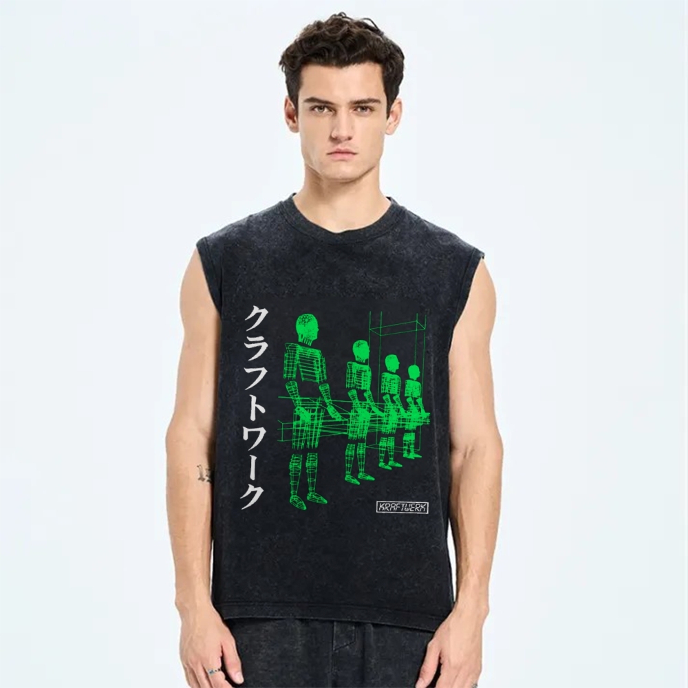 Unisex Kraftwerk Band Japanese Style Printed Washed Tank Top