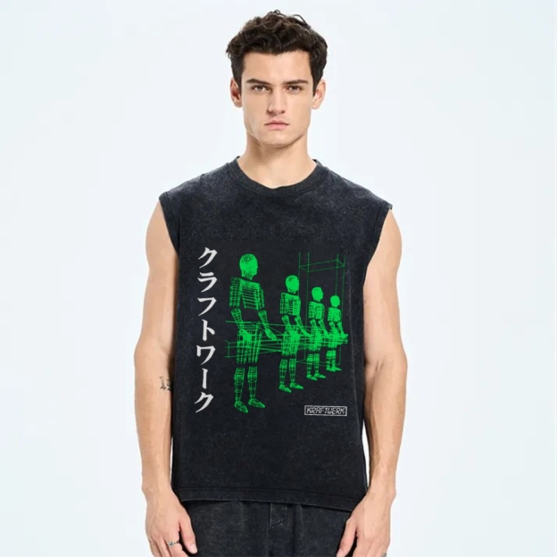 Unisex Kraftwerk Band Japanese Style Printed Washed Tank Top