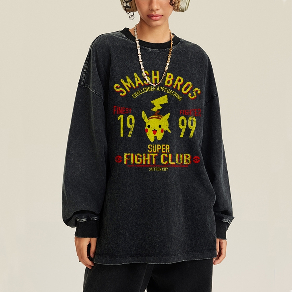 Unisex Casual Washed Pikachu Printed Long Sleeve T-shirt