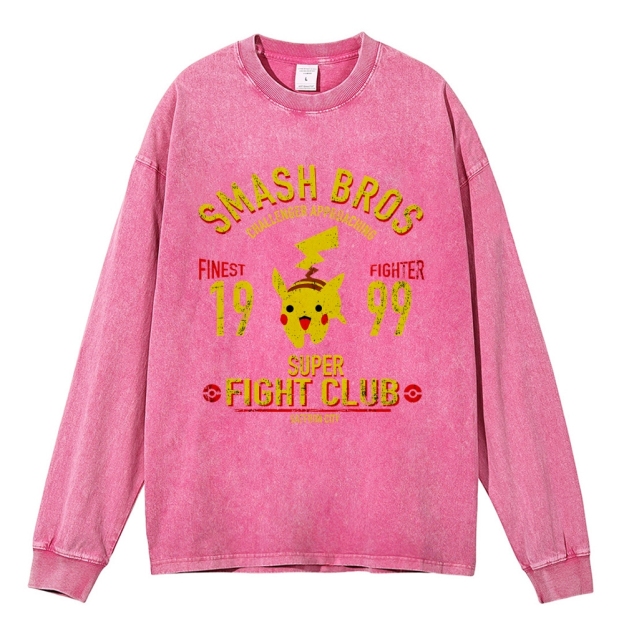 Unisex Casual Washed Pikachu Printed Long Sleeve T-shirt