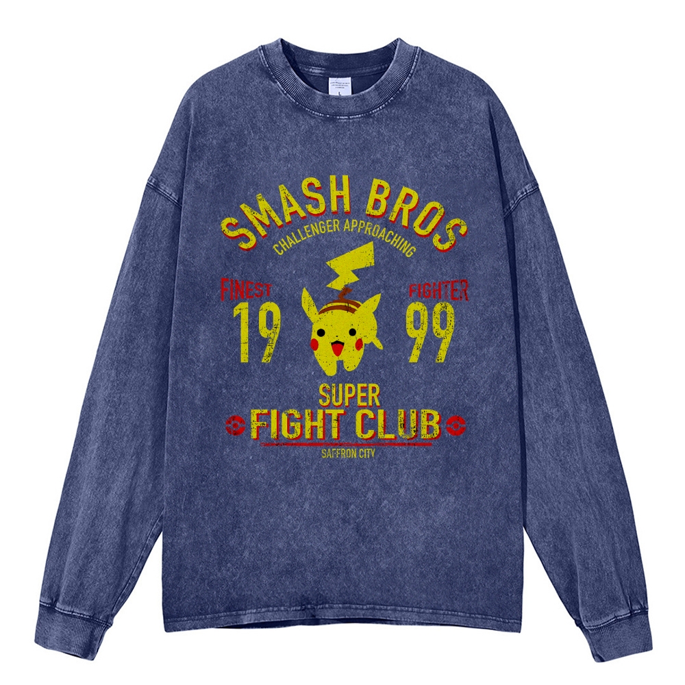 Unisex Casual Washed Pikachu Printed Long Sleeve T-shirt