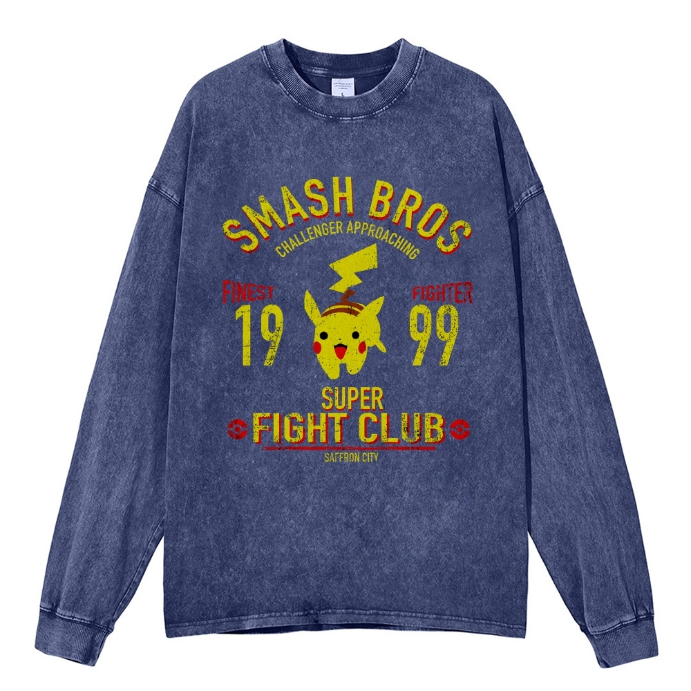 Unisex Casual Washed Pikachu Printed Long Sleeve T-shirt