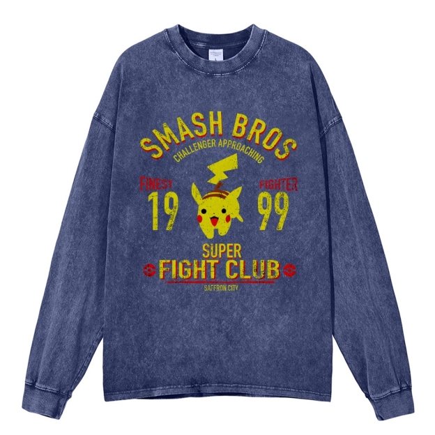 Unisex Casual Washed Pikachu Printed Long Sleeve T-shirt