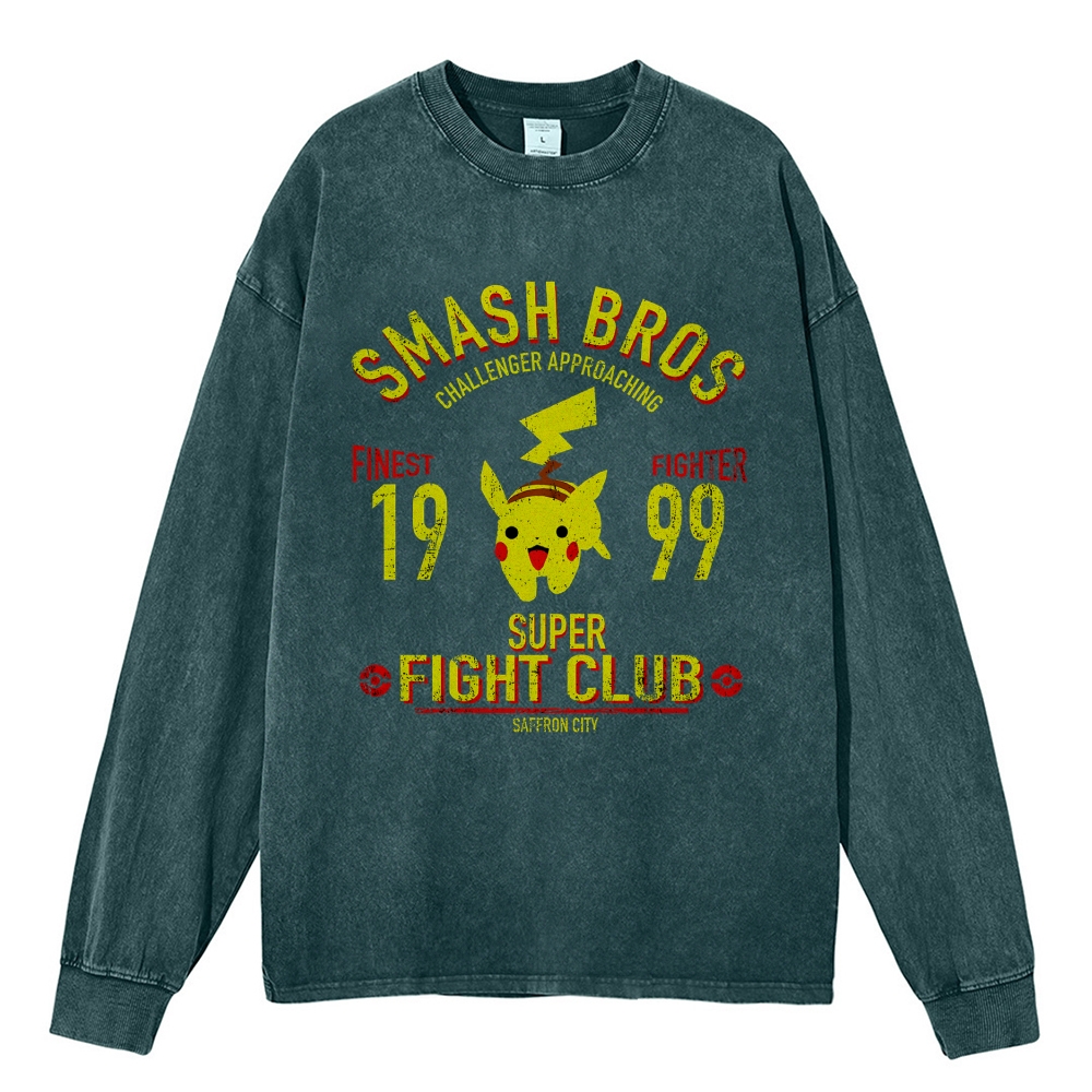 Unisex Casual Washed Pikachu Printed Long Sleeve T-shirt