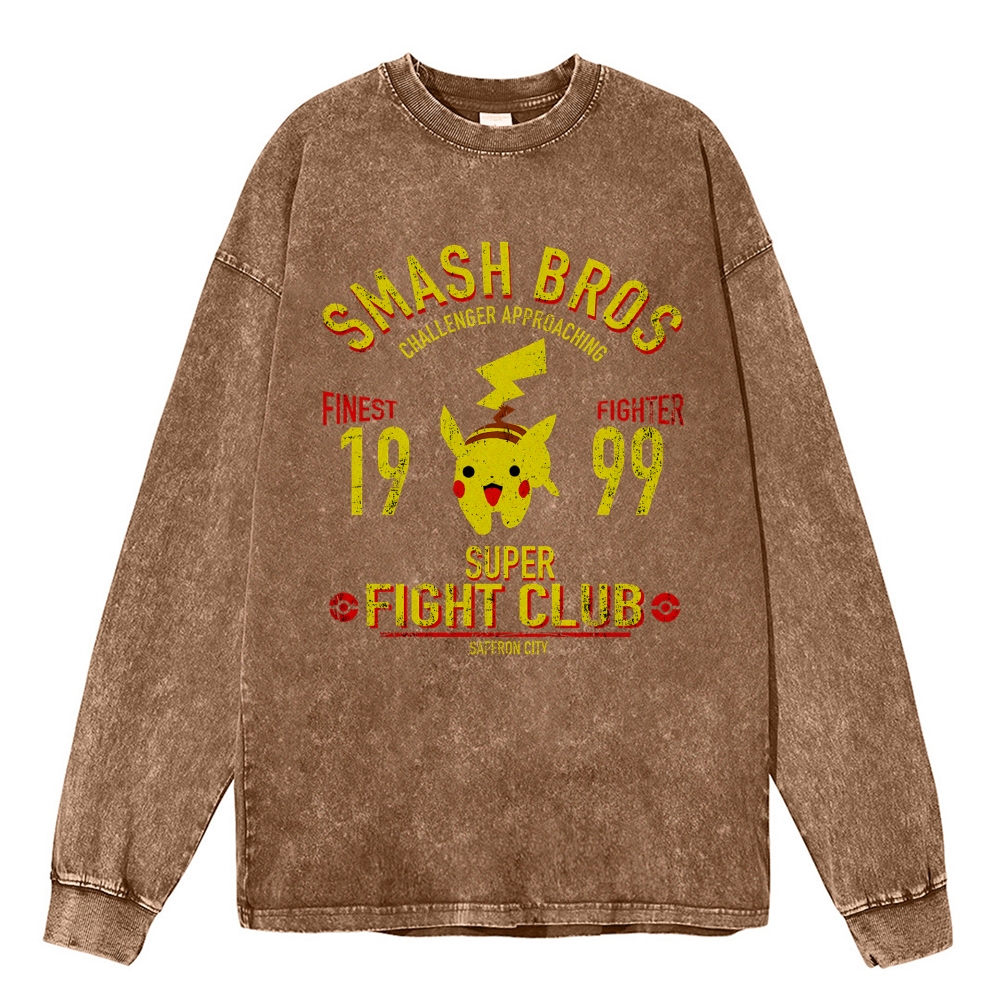 Unisex Casual Washed Pikachu Printed Long Sleeve T-shirt