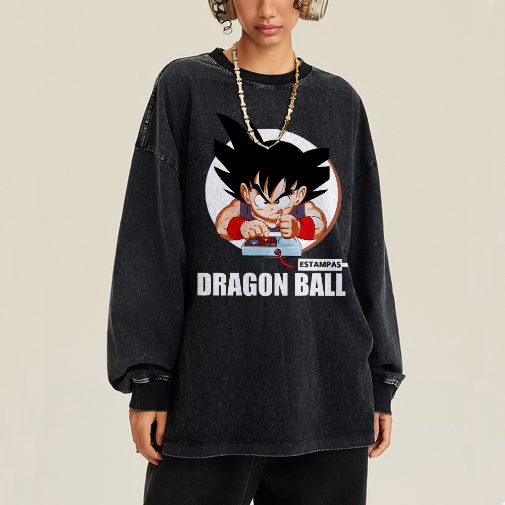 Unisex Casual Washed Dragon Ball Goku Printed Long Sleeve T-shirt