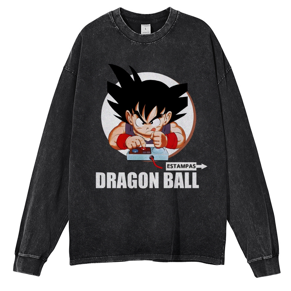 Unisex Casual Washed Dragon Ball Goku Printed Long Sleeve T-shirt
