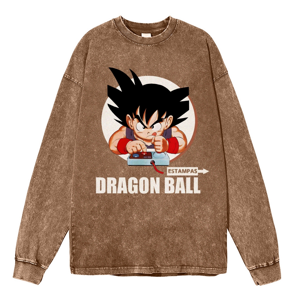 Unisex Casual Washed Dragon Ball Goku Printed Long Sleeve T-shirt