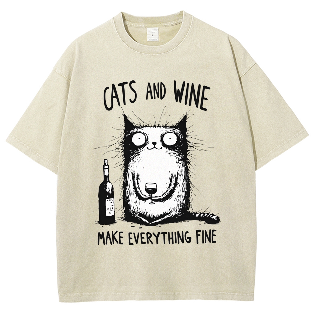 Unisex Cat And Wine Printed Washed Tee