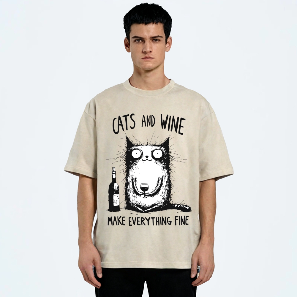 Unisex Cat And Wine Printed Washed Tee