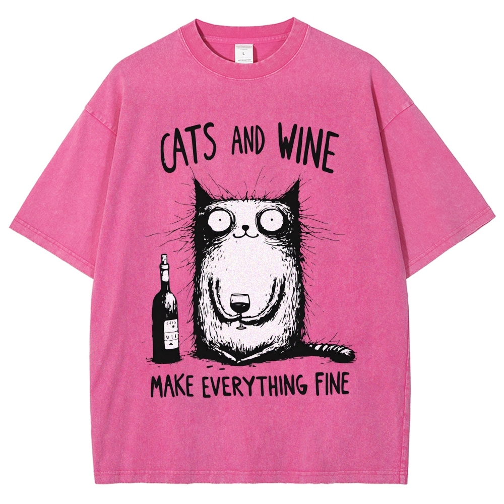 Unisex Cat And Wine Printed Washed Tee