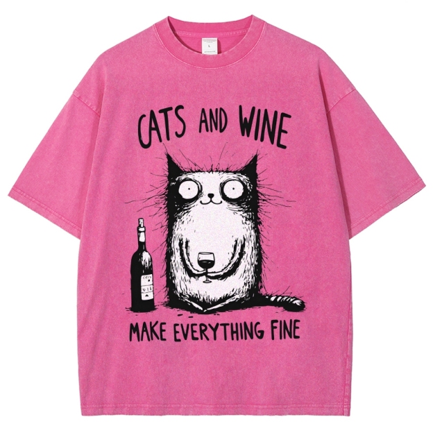Unisex Cat And Wine Printed Washed Tee