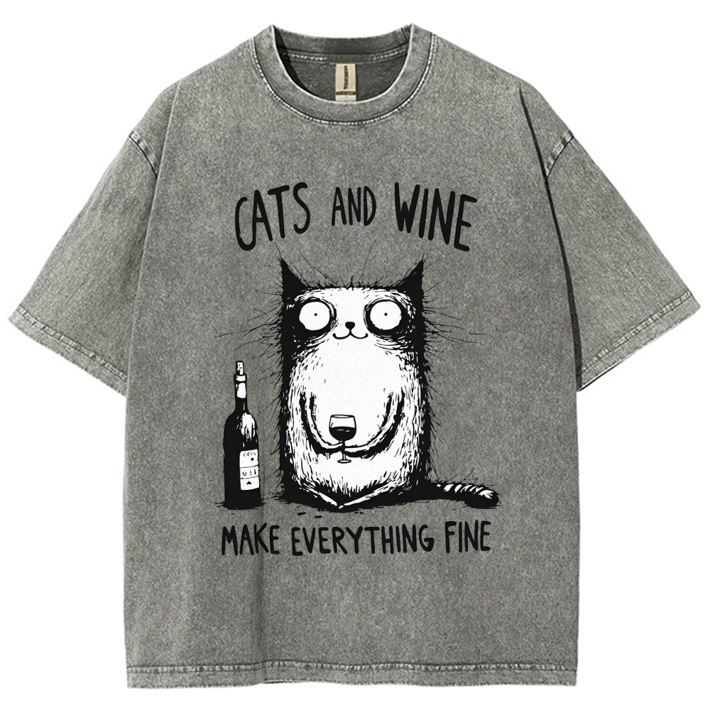 Unisex Cat And Wine Printed Washed Tee