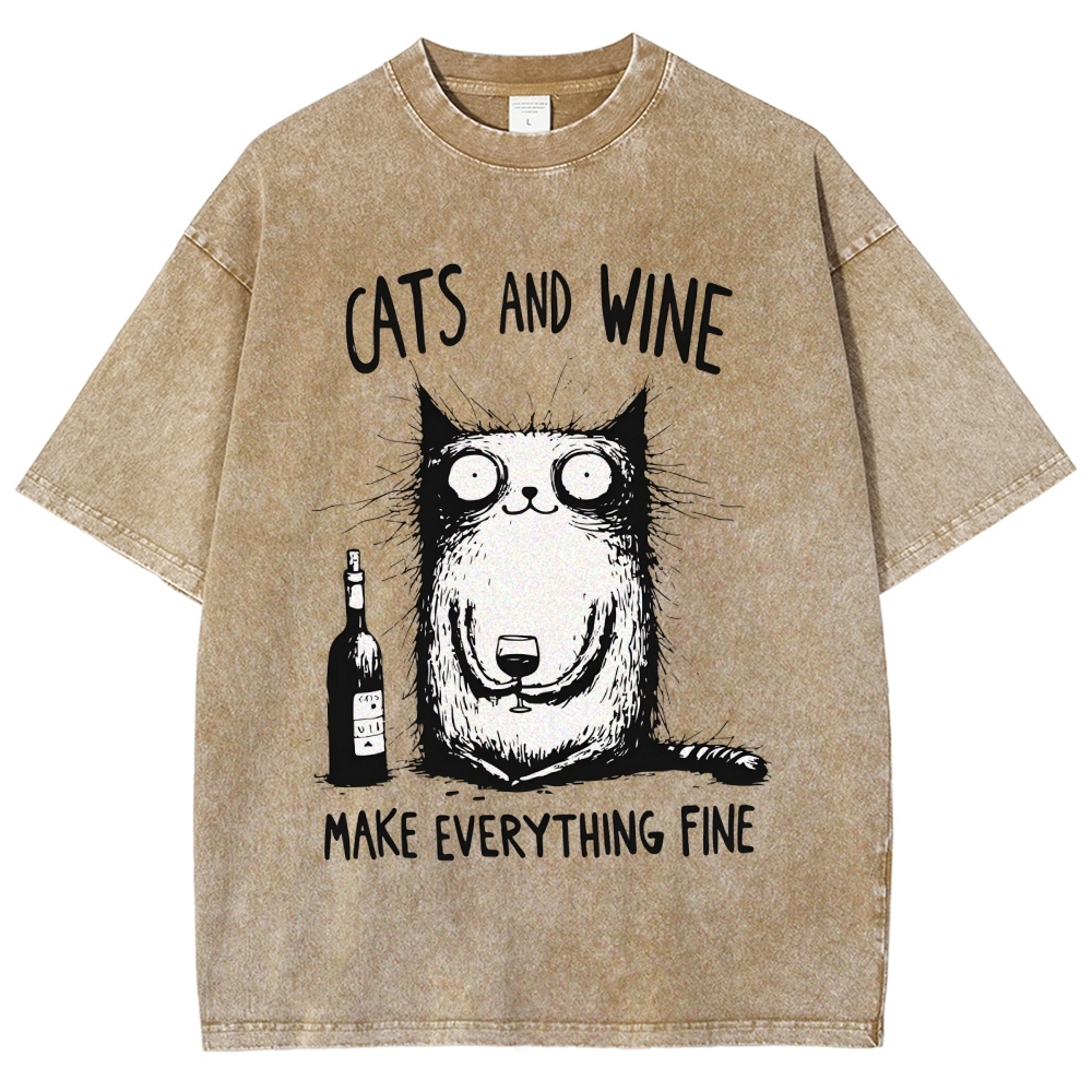 Unisex Cat And Wine Printed Washed Tee