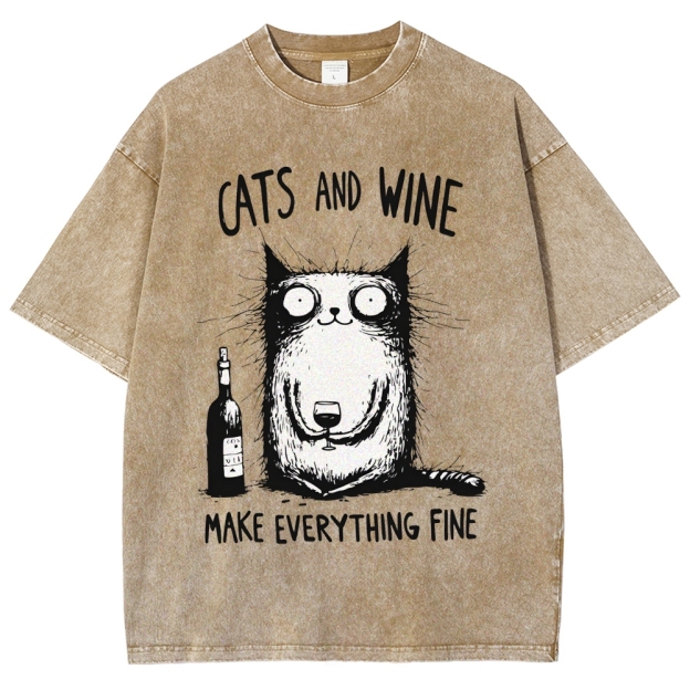 Unisex Cat And Wine Printed Washed Tee