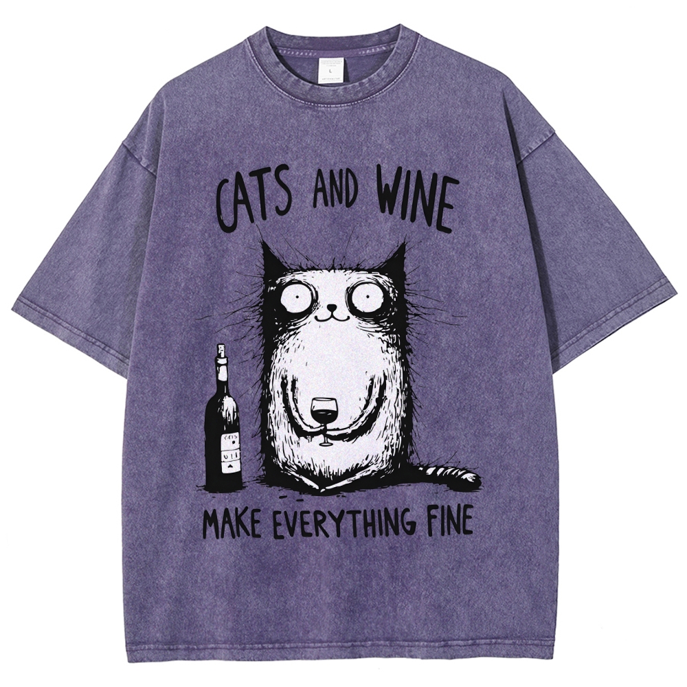 Unisex Cat And Wine Printed Washed Tee