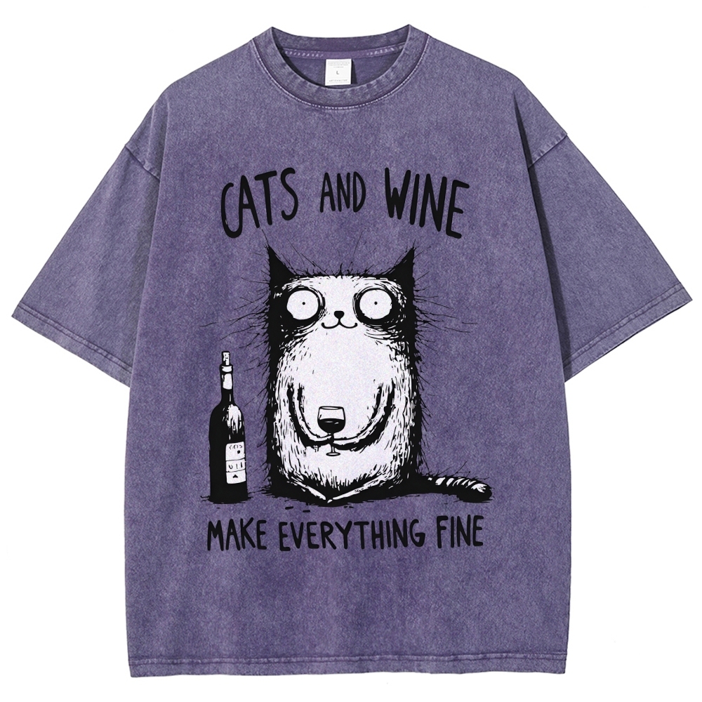 Unisex Cat And Wine Printed Washed Tee