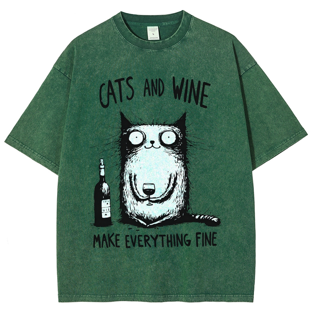 Unisex Cat And Wine Printed Washed Tee